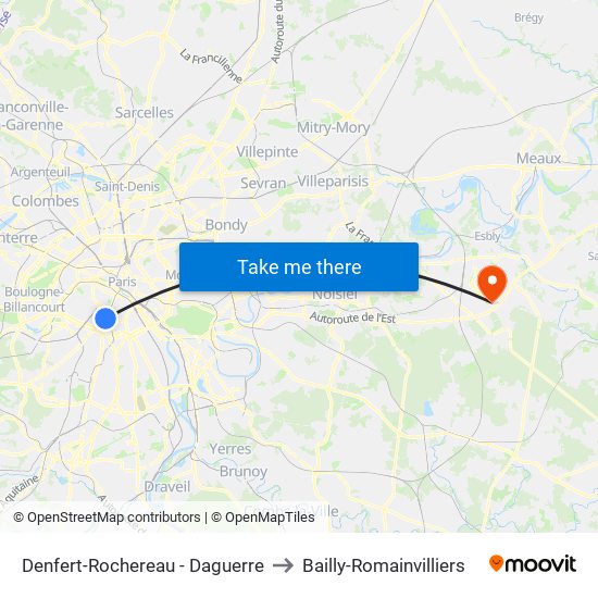 Denfert-Rochereau - Daguerre to Bailly-Romainvilliers map