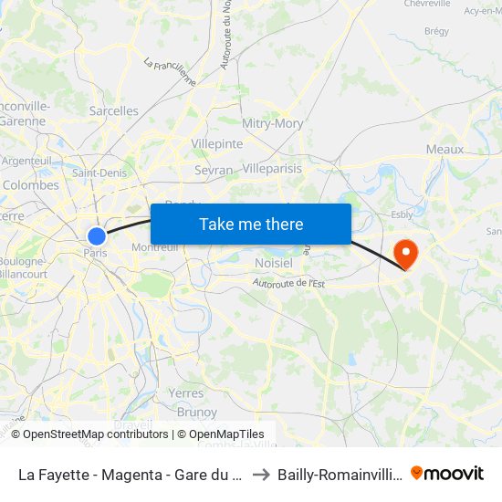 La Fayette - Magenta - Gare du Nord to Bailly-Romainvilliers map