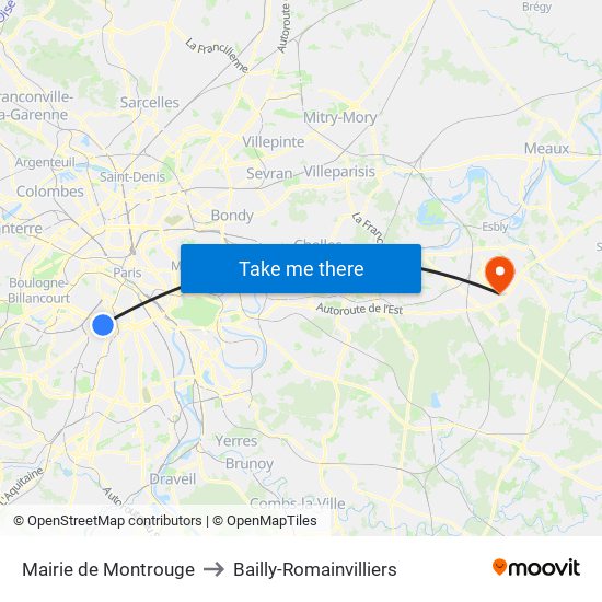 Mairie de Montrouge to Bailly-Romainvilliers map