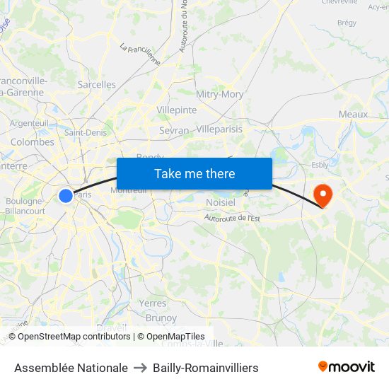 Assemblée Nationale to Bailly-Romainvilliers map