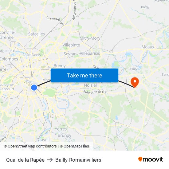 Quai de la Rapée to Bailly-Romainvilliers map