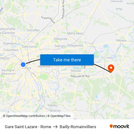 Gare Saint-Lazare - Rome to Bailly-Romainvilliers map