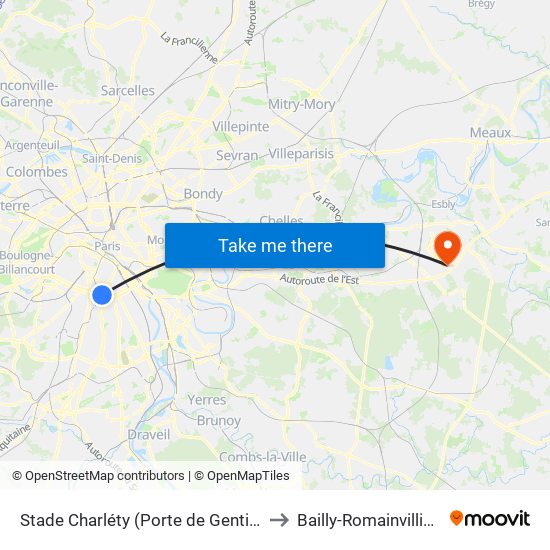 Stade Charléty (Porte de Gentilly) to Bailly-Romainvilliers map