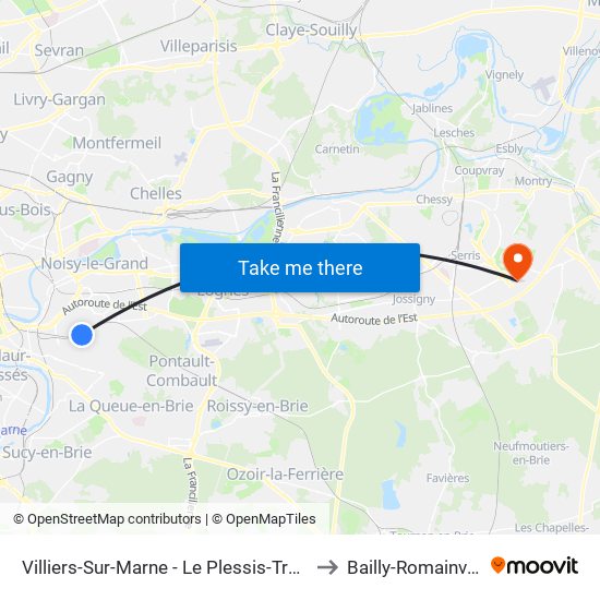 Villiers-Sur-Marne - Le Plessis-Trévise RER to Bailly-Romainvilliers map