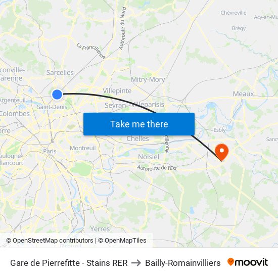 Gare de Pierrefitte - Stains RER to Bailly-Romainvilliers map