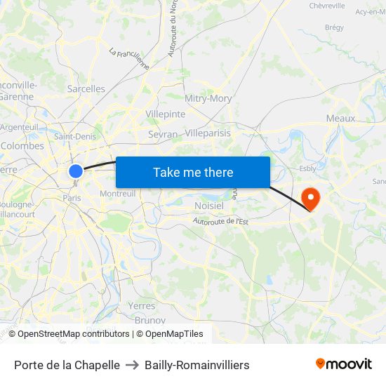 Porte de la Chapelle to Bailly-Romainvilliers map