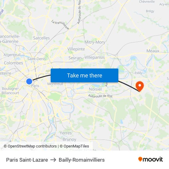 Paris Saint-Lazare to Bailly-Romainvilliers map