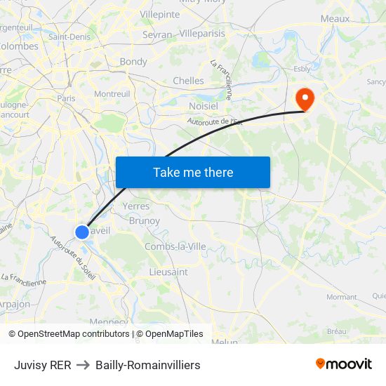 Juvisy RER to Bailly-Romainvilliers map