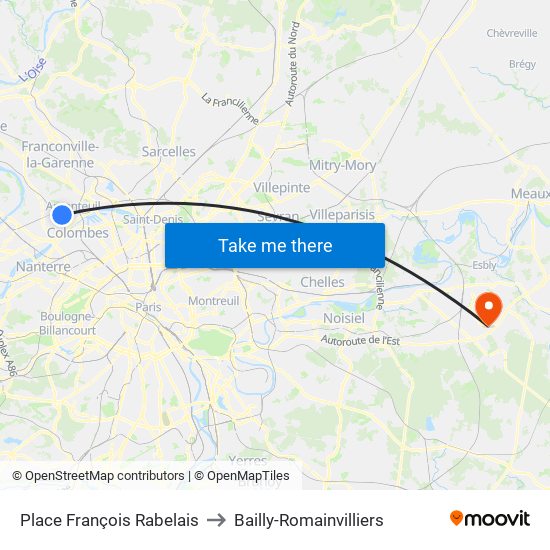 Place François Rabelais to Bailly-Romainvilliers map