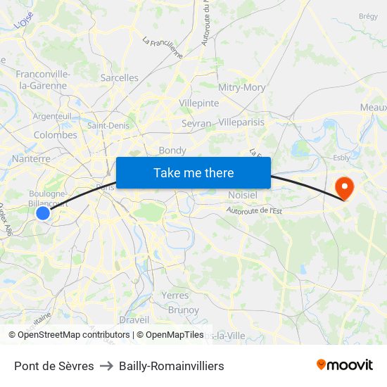 Pont de Sèvres to Bailly-Romainvilliers map