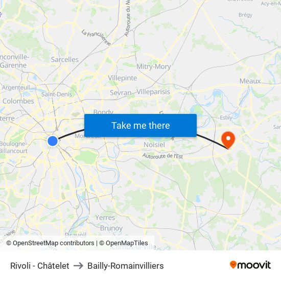 Rivoli - Châtelet to Bailly-Romainvilliers map