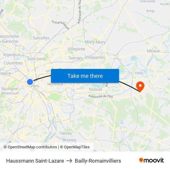 Haussmann Saint-Lazare to Bailly-Romainvilliers map