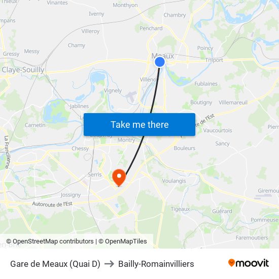 Gare de Meaux (Quai D) to Bailly-Romainvilliers map