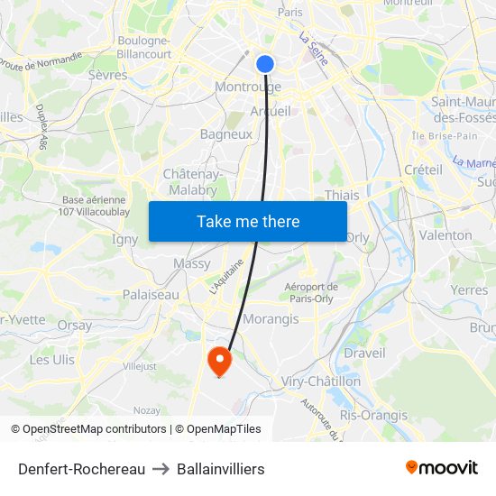 Denfert-Rochereau to Ballainvilliers map