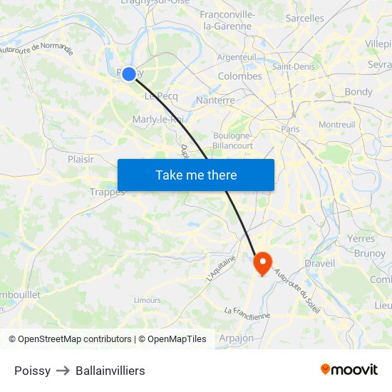Poissy to Ballainvilliers map