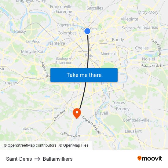 Saint-Denis to Ballainvilliers map