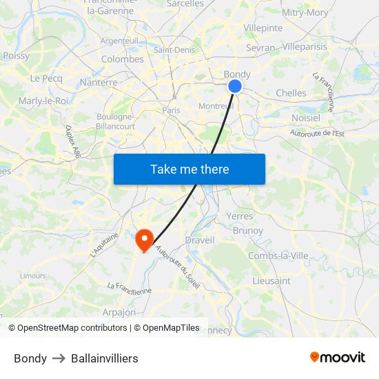Bondy to Ballainvilliers map
