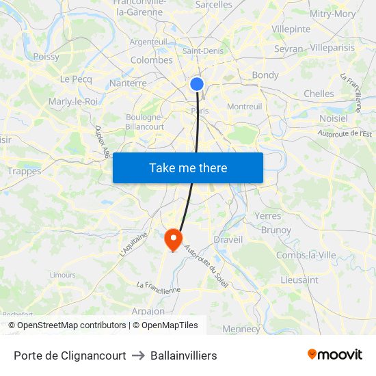 Porte de Clignancourt to Ballainvilliers map