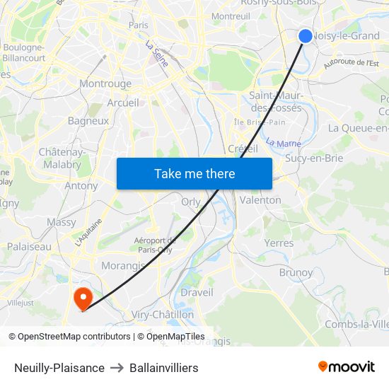 Neuilly-Plaisance to Ballainvilliers map