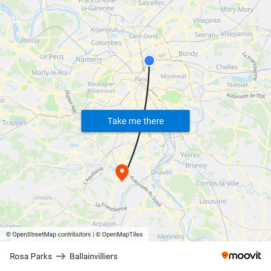 Rosa Parks to Ballainvilliers map