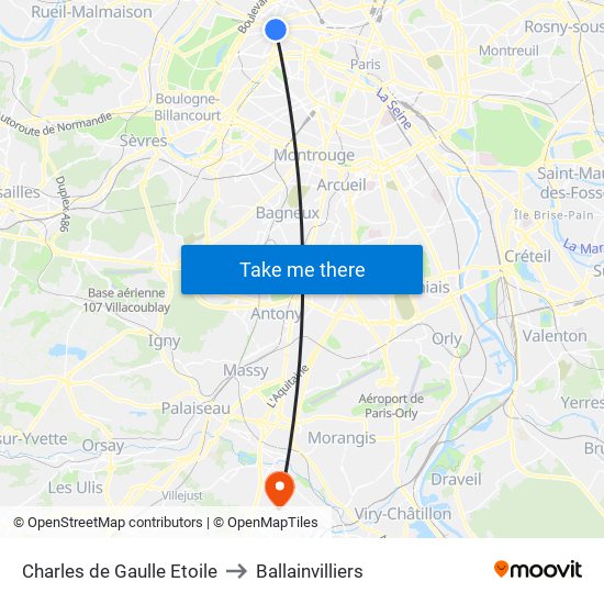 Charles de Gaulle Etoile to Ballainvilliers map