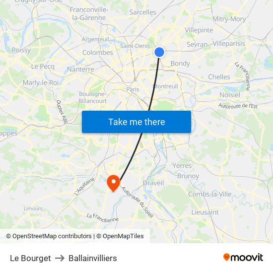 Le Bourget to Ballainvilliers map