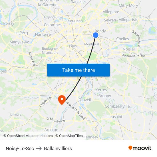 Noisy-Le-Sec to Ballainvilliers map