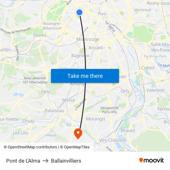Pont de L'Alma to Ballainvilliers map