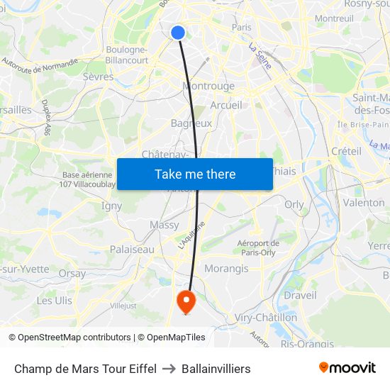 Champ de Mars Tour Eiffel to Ballainvilliers map