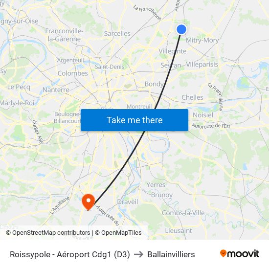 Roissypole - Aéroport Cdg1 (D3) to Ballainvilliers map