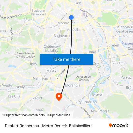 Denfert-Rochereau - Métro-Rer to Ballainvilliers map