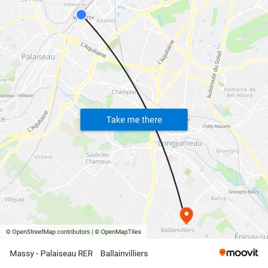 Massy - Palaiseau RER to Ballainvilliers map