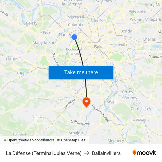 La Défense (Terminal Jules Verne) to Ballainvilliers map