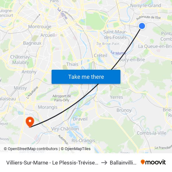 Villiers-Sur-Marne - Le Plessis-Trévise RER to Ballainvilliers map