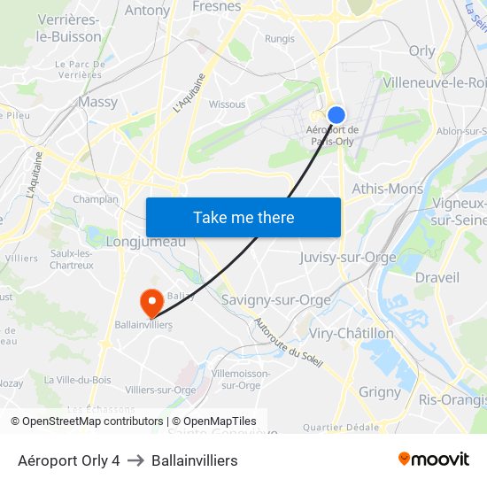 Aéroport Orly 4 to Ballainvilliers map