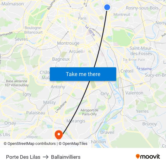 Porte Des Lilas to Ballainvilliers map