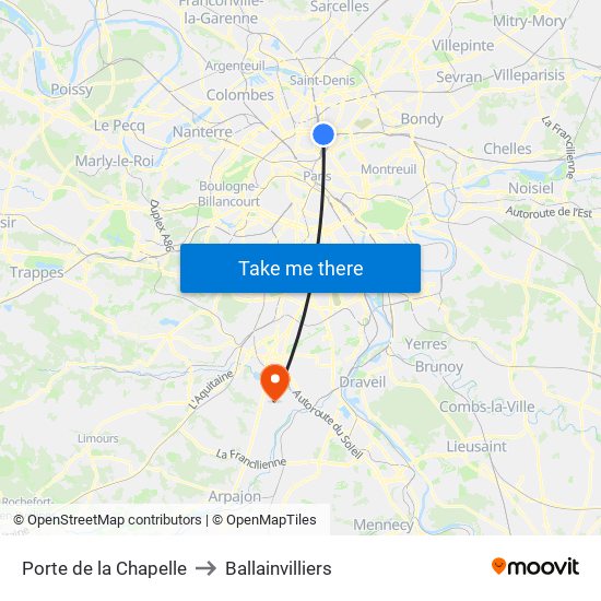 Porte de la Chapelle to Ballainvilliers map