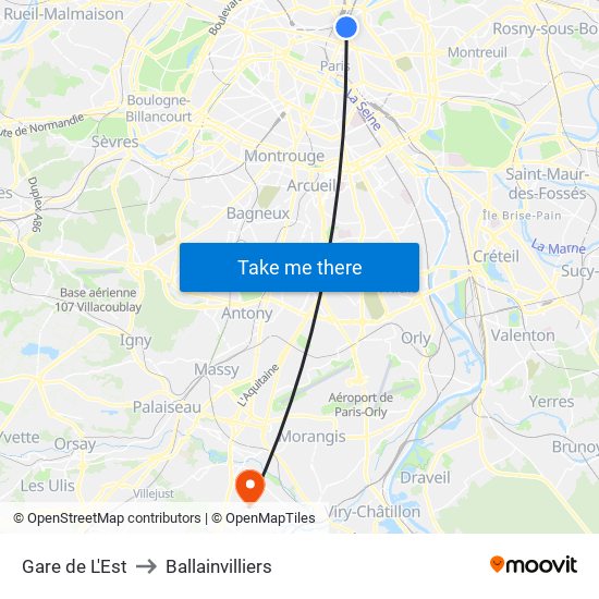 Gare de L'Est to Ballainvilliers map