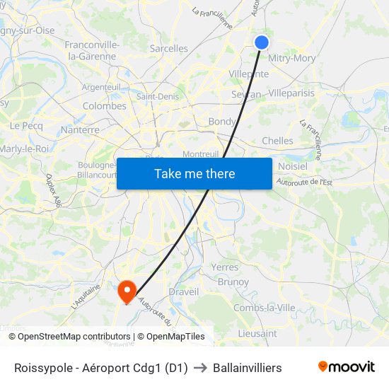 Roissypole - Aéroport Cdg1 (D1) to Ballainvilliers map
