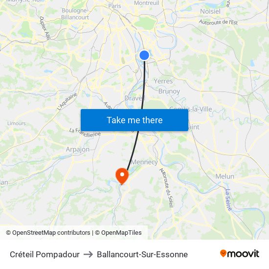 Créteil Pompadour to Ballancourt-Sur-Essonne map