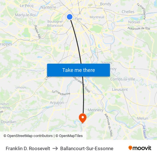 Franklin D. Roosevelt to Ballancourt-Sur-Essonne map