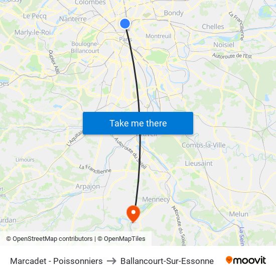Marcadet - Poissonniers to Ballancourt-Sur-Essonne map