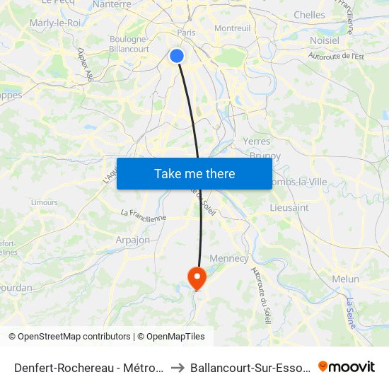 Denfert-Rochereau - Métro-Rer to Ballancourt-Sur-Essonne map