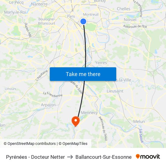 Pyrénées - Docteur Netter to Ballancourt-Sur-Essonne map