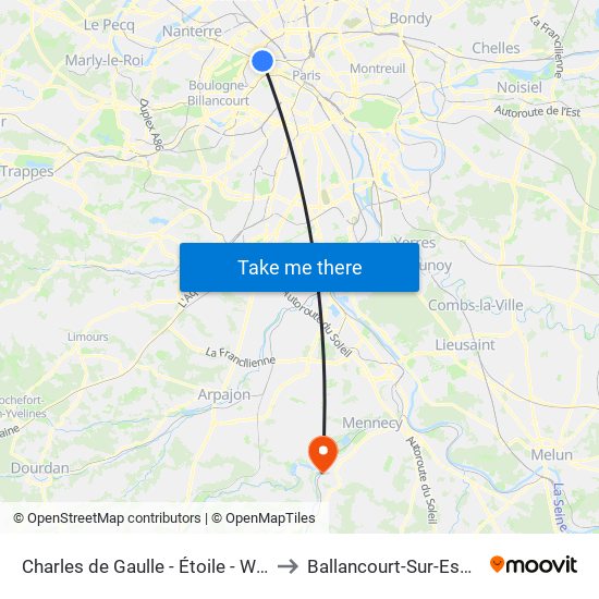 Charles de Gaulle - Étoile - Wagram to Ballancourt-Sur-Essonne map