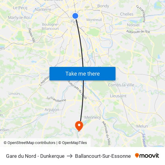Gare du Nord - Dunkerque to Ballancourt-Sur-Essonne map