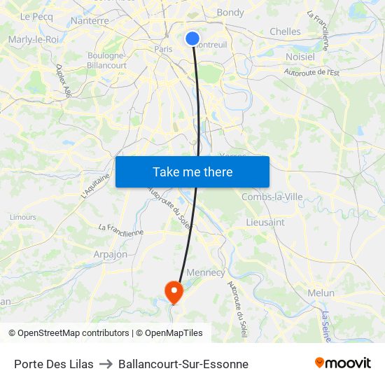 Porte Des Lilas to Ballancourt-Sur-Essonne map