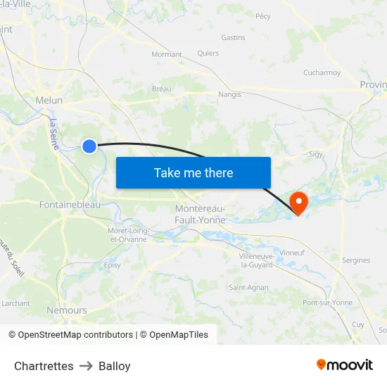 Chartrettes to Balloy map