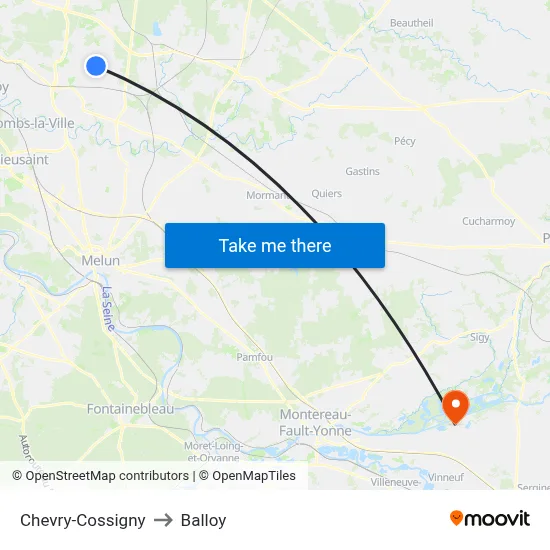 Chevry-Cossigny to Balloy map