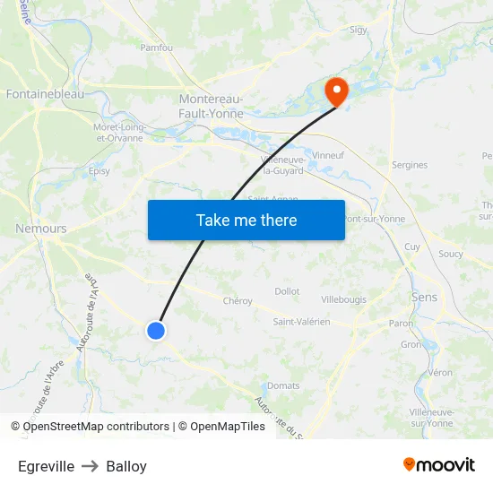 Egreville to Balloy map